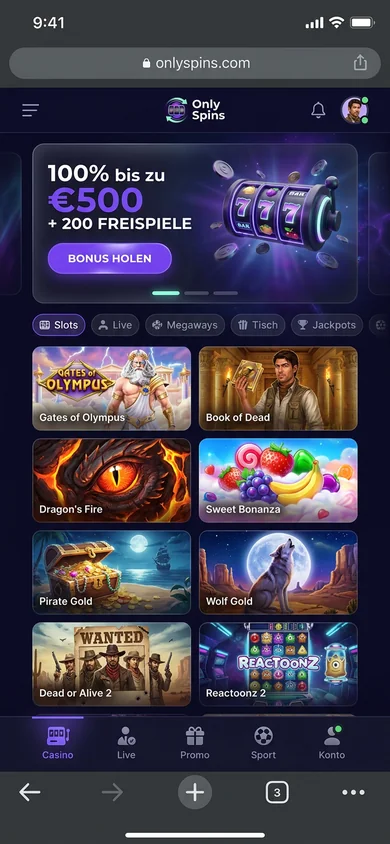 Expérience mobile dans le navigateur – Only Spins
